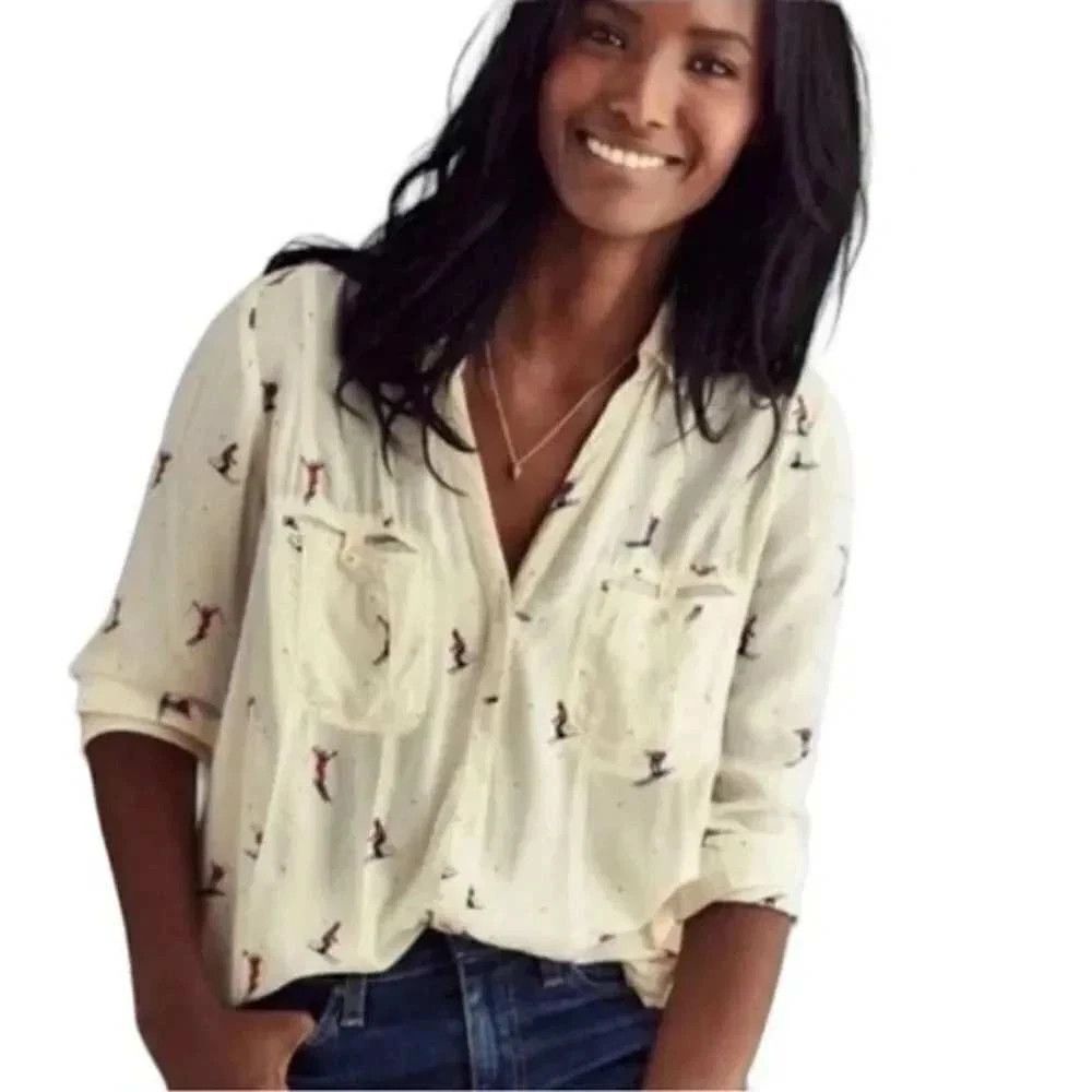 Maeve Anthropologie Womens 0 Skier Print Button Down Shirt Ivory Ski Blouse